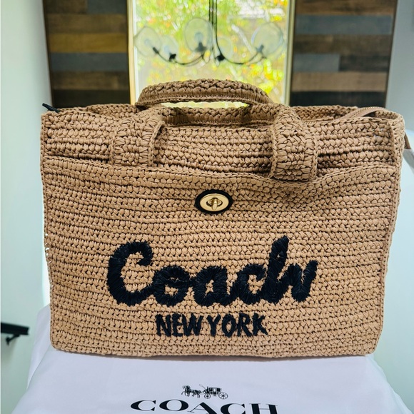 Coach Woven Straw Tote in Tan with Black Logo - Picture 2 of 6